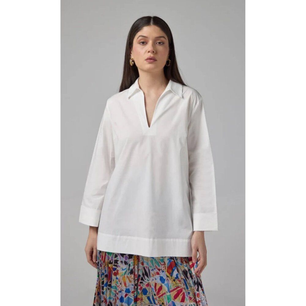Talbots Women White V-Neck Long Sleeve Stretch Shirt Size S